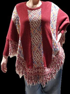AZ Red Multicolor Diamond Frayed Hem Poncho Sweater – One Size